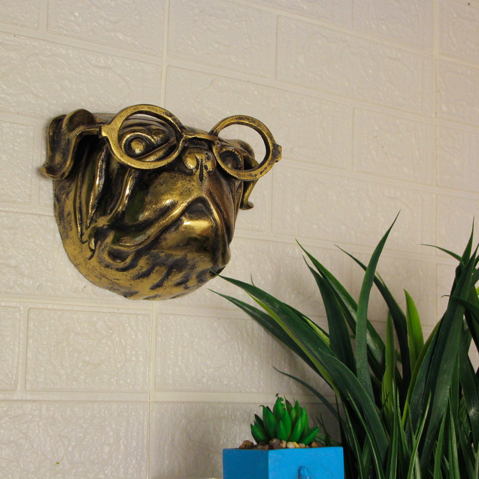 Gold Pug Dog Head Wall Hanging with Oval Spectacles