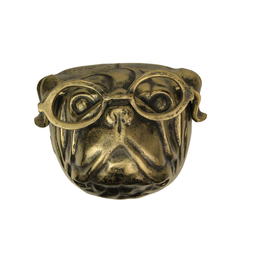 Gold Pug Dog Head Wall Hanging with Oval Spectacles