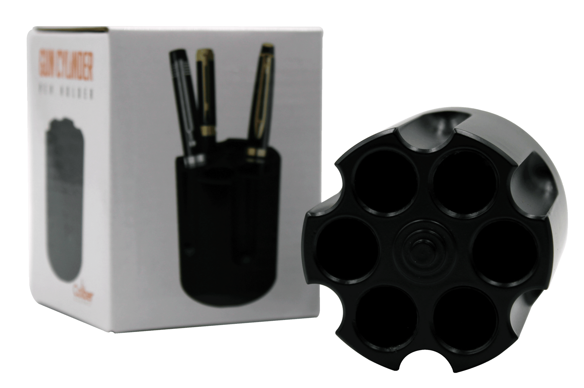 Revolver Cylinder Pen Holder, Black Aluminum